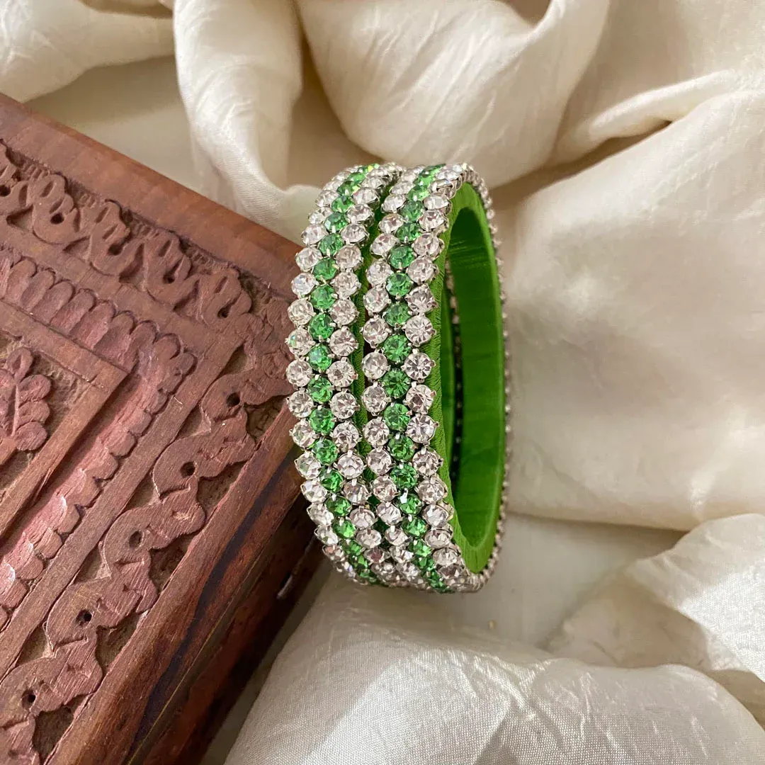 3 Line Stone Silk Thread Kundan Bangles - Green White